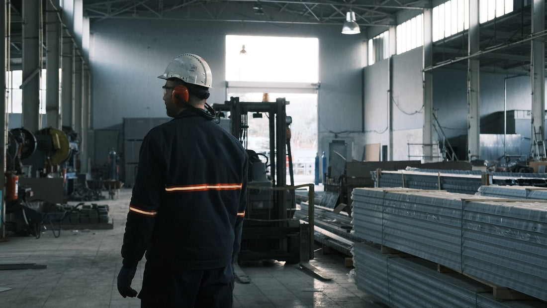 Factory worker in white helmet and orange ear protection supervising operations in a modern industrial plant - how to recover between 12 hour shifts