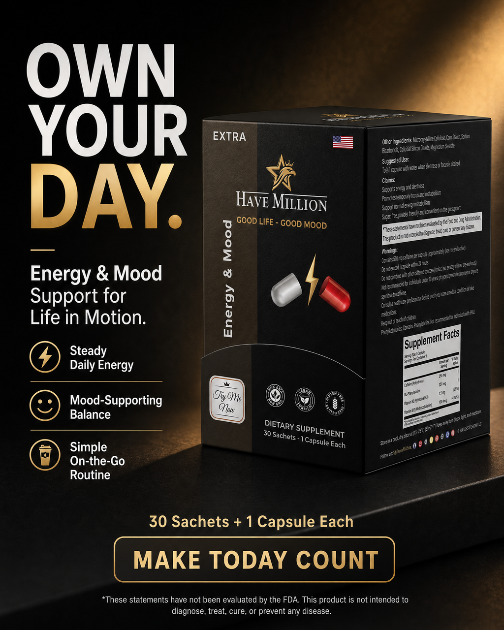 Have Million™ Energy + Mood
30-Day Supply | 1 Capsule Daily